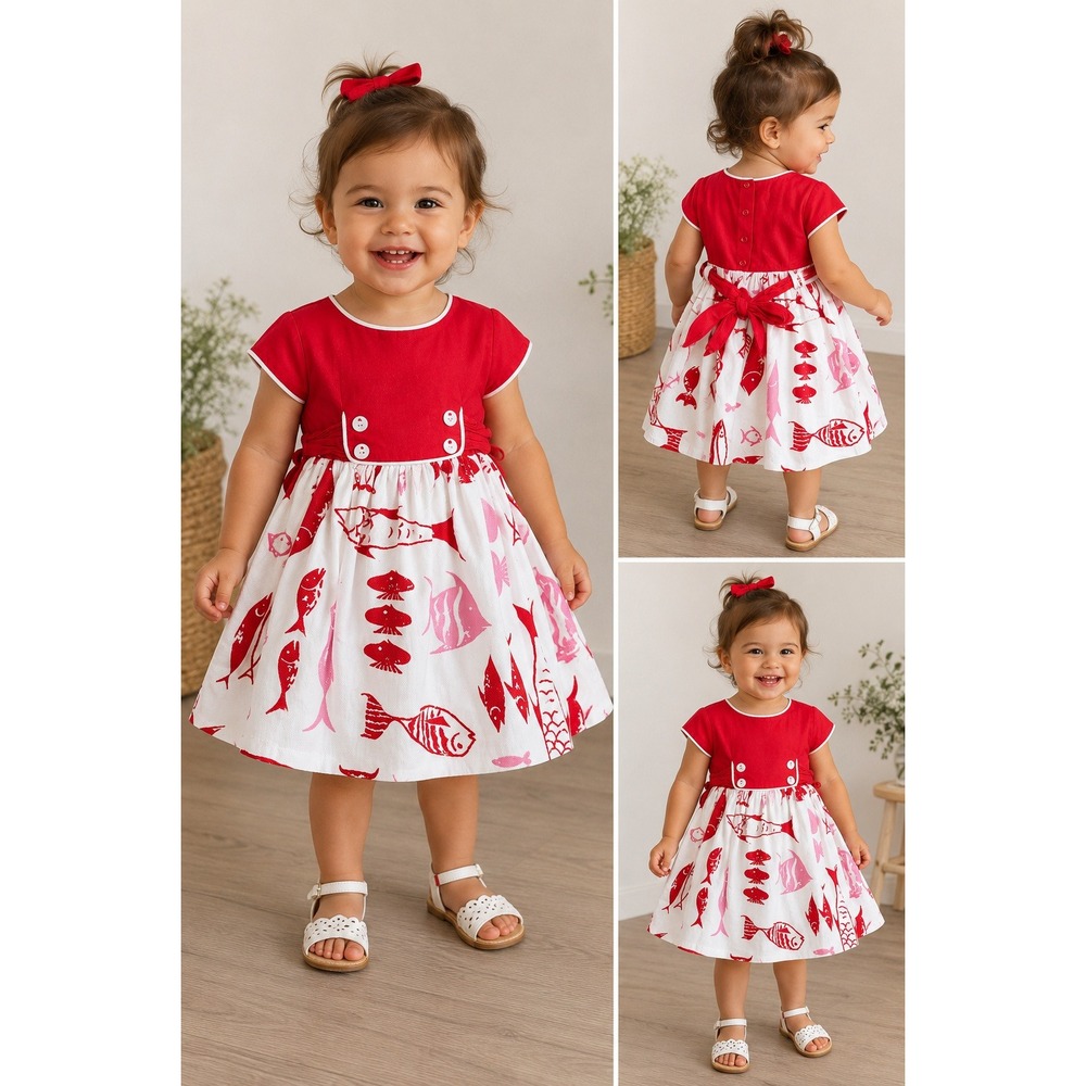 Vintage Kate Greenaway Toddler Fish Print Dress‎ Red White Pink Nautical 18M